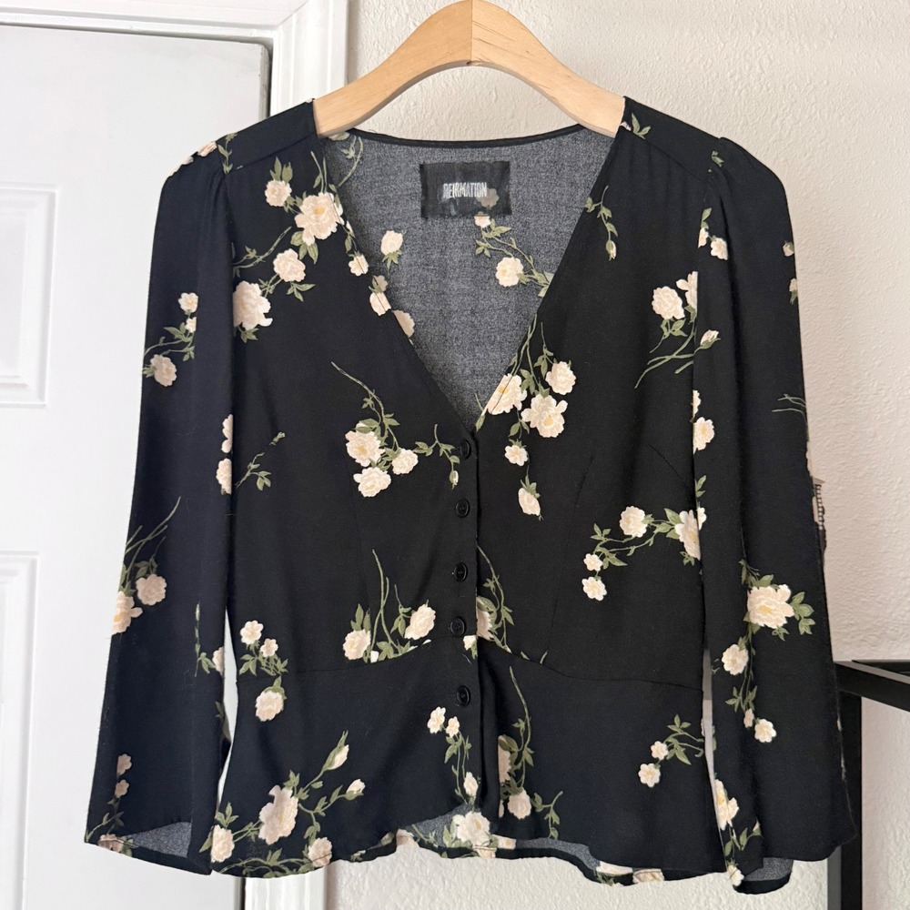 REFORMATION‎ black floral long sleeve button up cropped blouse shirt top